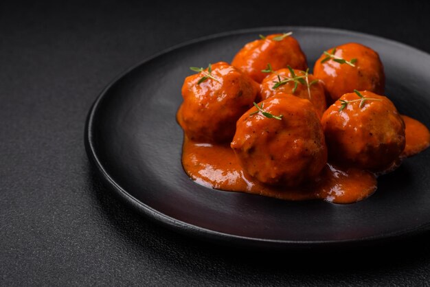 De délicieuses boulettes de viande fraîches à la sauce tomate avec des épices et des herbes salées sur un fond de béton foncé