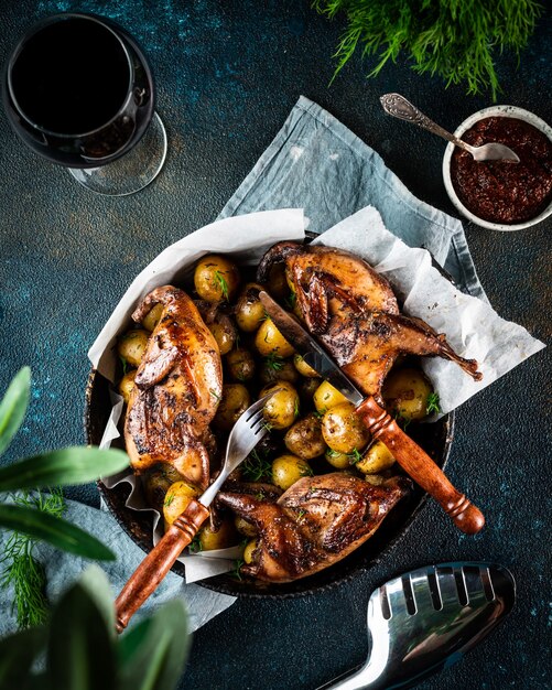 Délicieuses carcasses de cailles grillées sur assiette