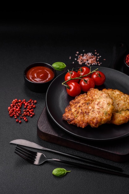 Délicieuses côtelettes de viande de poulet hachée fraîchement frite avec des épices salées et des herbes