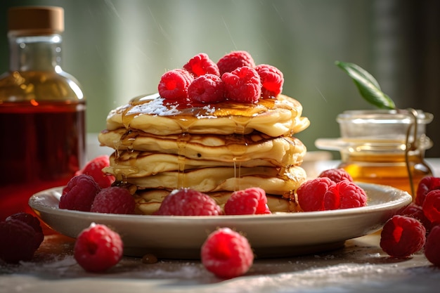 De délicieuses crêpes au miel et aux framboises sous la lumière du jour dans un réseau de neurones de style nordique