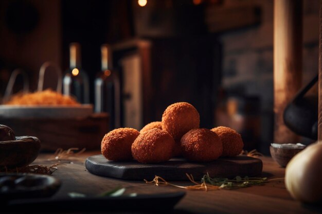 Délicieuses croquettes faites maison sur une table en bois dans un fond de cuisine rustique généré par l'IA