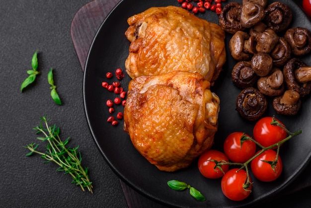 Délicieuses cuisses de poulet juteuses cuites avec du sel, des épices et des herbes dans une assiette en céramique