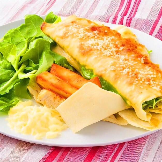 délicieuses enchiladas en sauce verte fromage râpé laitue lanières de poulet sur une plaque blanche backg