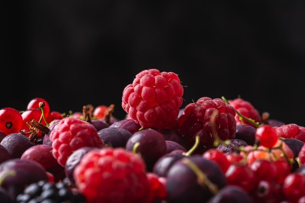 Délicieuses framboises mûres fraîches, mûres, groseilles à maquereau et groseilles rouges, texture des aliments sains sur fond noir