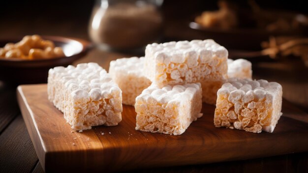 Délicieuses friandises au riz croustillant avec une délicate poussière de sucre en poudre