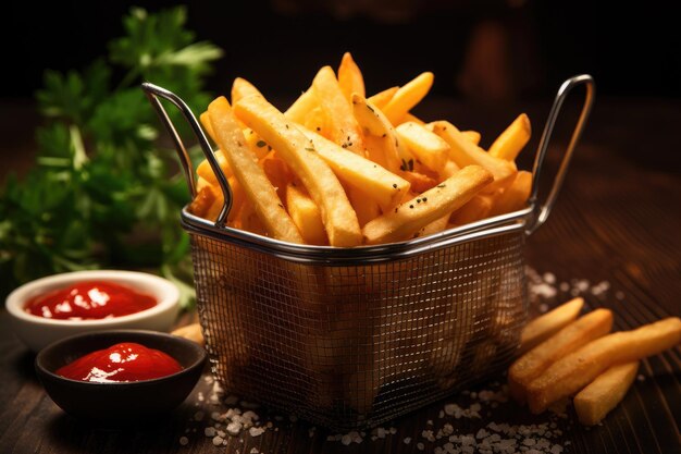 Délicieuses frites dans un panier en métal sur une table en bois