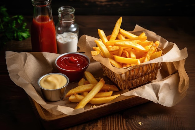 Délicieuses frites dorées croustillantes avec des plats d'accompagnement génératifs IA