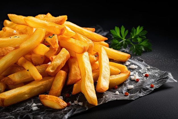 Délicieuses frites sur papier sur pierre noire Restauration rapide chaude gros plan