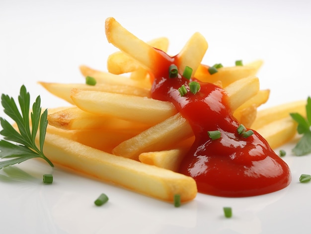 De délicieuses frites savoureuses avec du ketchup et du persil pour garnir