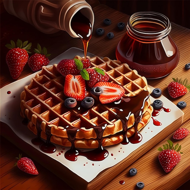Délicieuses gaufres au chocolat et au sirop d'érable garnies de fraises pour le petit-déjeuner AI générative