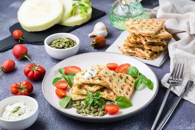 De délicieuses gaufres aux courgettes prêtes à manger, des tomates, du basilic et des graines de citrouille sur une assiette sur la table. Nourriture diététique végétale