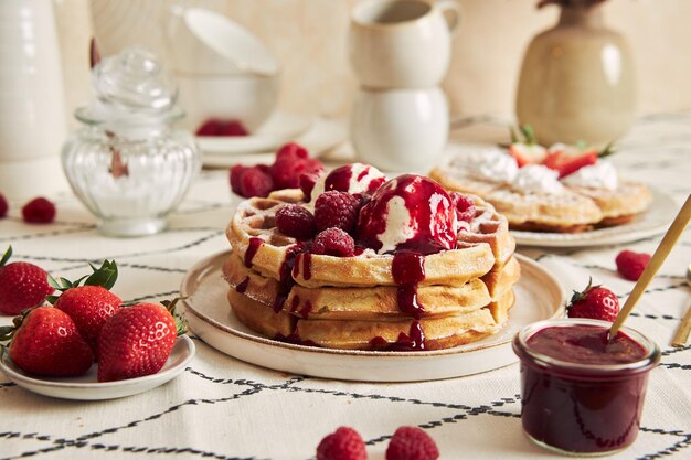 De délicieuses gaufres avec de la crème glacée à la vanille, des fraises et des framboises sur la table du petit déjeuner.