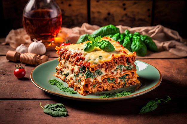 Délicieuses lasagnes faites maison avec sauce au boeuf épinards et tomates sur un fond de bois rustique cuisine italienne faite maison