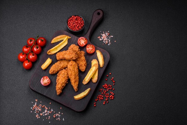 Photo de délicieuses nuggets de poulet croustillantes panées avec du sel et des épices sur un fond de béton sombre