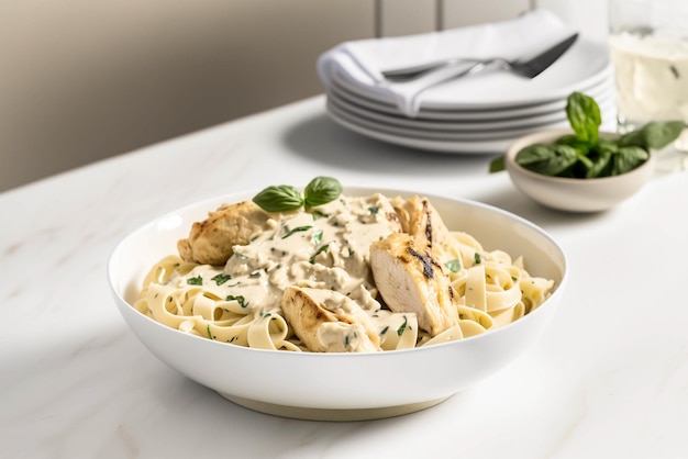 Délicieuses pâtes Alfredo au poulet salé sur table en bois