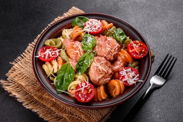 Délicieuses pâtes fraîches avec boulettes de viande, sauce, tomates cerises et basilic