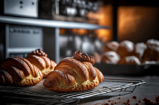 Délicieuses pâtisseries fraîches de croissants sucrés dans la boulangerie