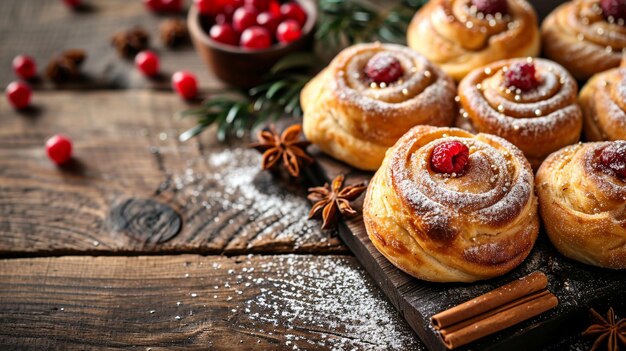 délicieuses pâtisseries sucrées avec des décorations de Noël sur la table en gros plan