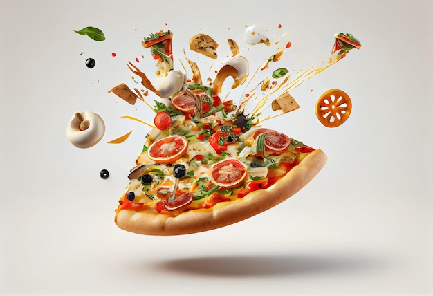 Délicieuses pizzas et ingrédients volants sur fond blanc AI