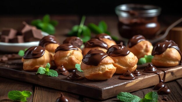 De délicieuses profiteroles avec de la crème à tartiner au chocolat et du thé parfumé sur une table enveloppée Ressource créative générée par l'IA