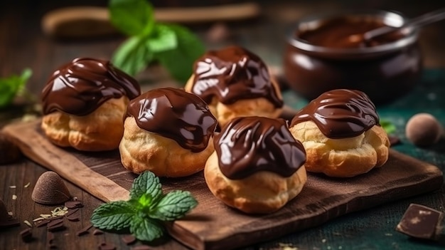 De délicieuses profiteroles avec de la crème à tartiner au chocolat et du thé parfumé sur une table enveloppée Ressource créative générée par l'IA