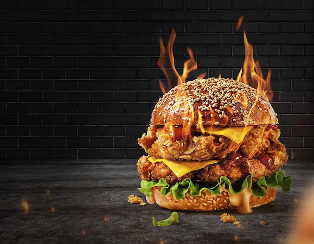 Photo délicieuses publicités de hamburgers au poulet frit épicé avec un feu brûlant sur fond sombre