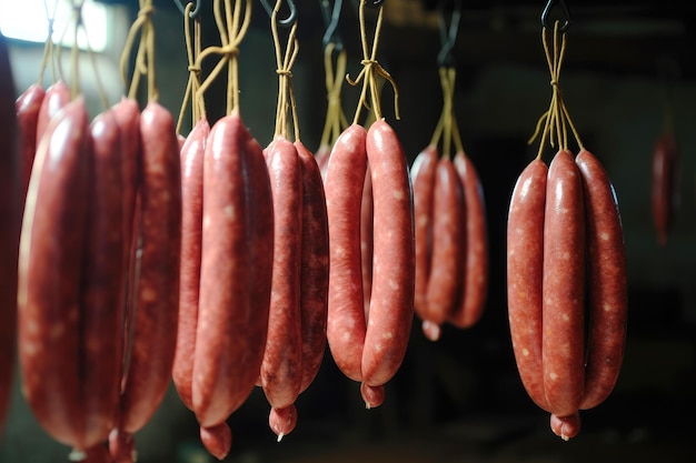 Délicieuses rangées de préparation de viande de saucisses savoureuses