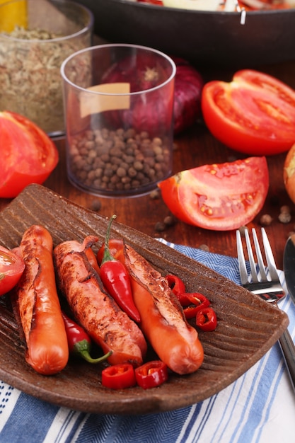 Délicieuses saucisses aux légumes sur plaque sur table en bois close-up