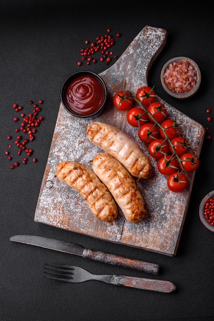 Délicieuses saucisses grillées à base de viande de poulet ou de porc avec épices et herbes salées