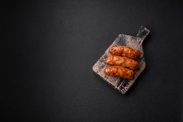 Délicieuses saucisses grillées juteuses avec des épices et des herbes salées sur fond de béton foncé