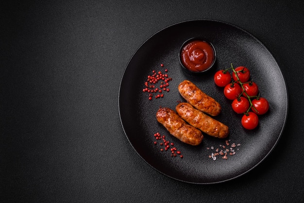 Délicieuses saucisses grillées juteuses avec des épices et des herbes salées sur fond de béton foncé