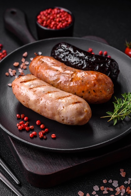 Délicieuses saucisses juteuses de plusieurs variétés grillées avec du sel, des épices et des herbes sur fond de béton foncé