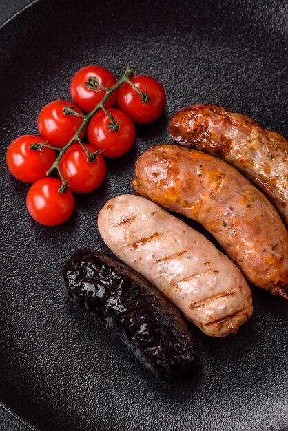 Délicieuses saucisses juteuses de plusieurs variétés grillées avec du sel, des épices et des herbes sur fond de béton foncé