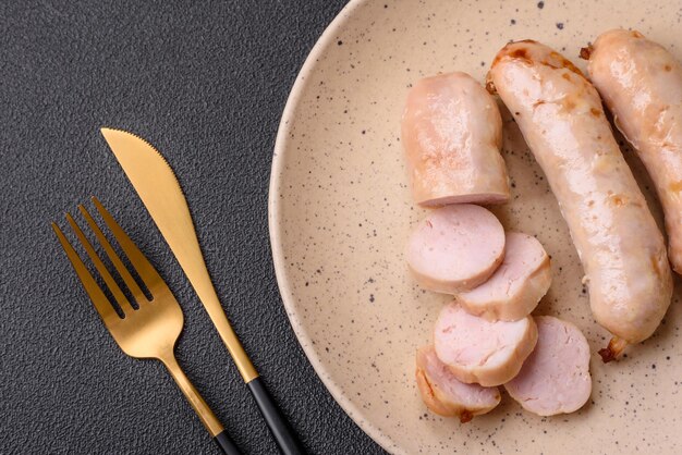 Délicieuses saucisses de poulet ou de porc grillées avec des épices salées et des herbes sur un fond de béton sombre