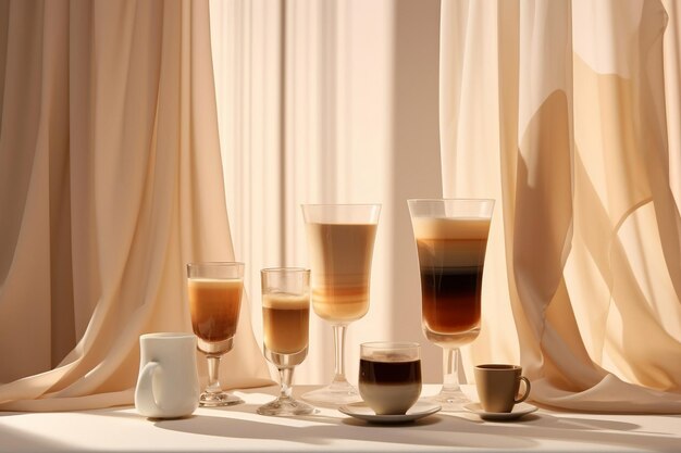 Photo de délicieuses tasses de café sur une table et une fenêtre de lumière du matin