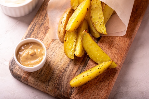 De délicieuses tranches de pommes de terre au four avec du romarin et de l'huile