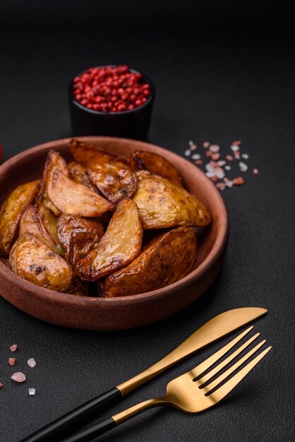 De délicieuses tranches de pommes de terre grillées avec des épices et des herbes à l'ail