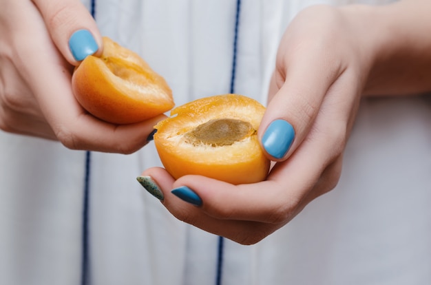 Délicieux abricots mûrs dans des mains féminines.