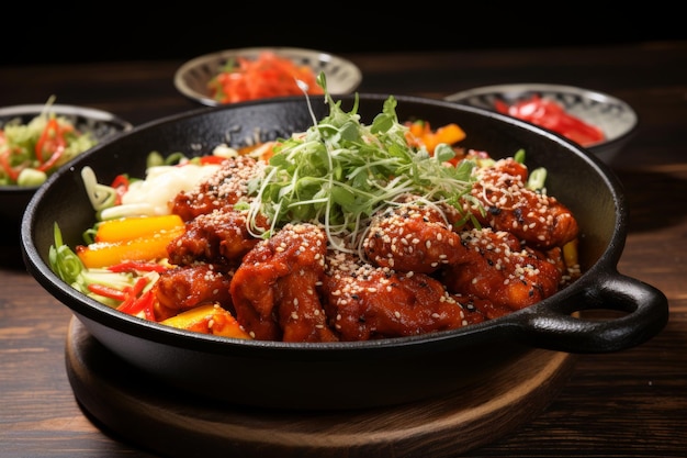 Photo délicieux et appétissant dakgalbi plat traditionnel de poulet frite épicé sud-coréen