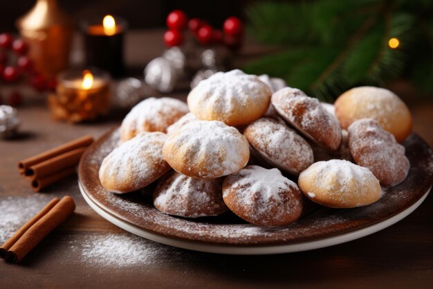 Un délicieux arrangement de biscuits à la poussière de sucre sur une assiette pour une chaude nuit de Noël