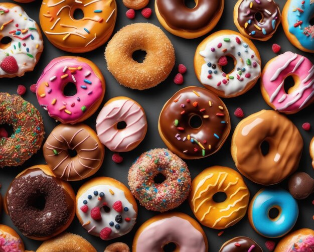 Photo un délicieux assortiment de beignets avec des éclaboussures colorées parfait pour les sites de boulangerie, les blogs alimentaires et