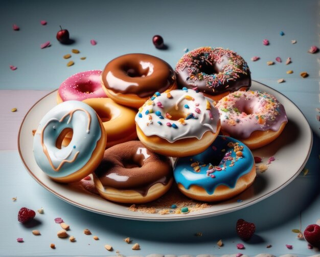 Photo un délicieux assortiment de beignets avec des éclaboussures colorées parfait pour les sites de boulangerie, les blogs alimentaires et