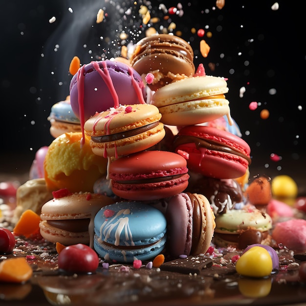 Délicieux assortiment de macarons colorés suspendus dans les airs, capturés dans un film cinématographique