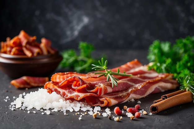 Délicieux bacon fumé avec des épices salées et des herbes sur un fond de béton sombre