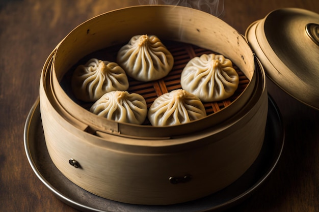 Photo délicieux baozi un petit pain de boeuf cuit à la vapeur chinois est prévu pour la consommation sur une assiette de service et dans un bateau à vapeur