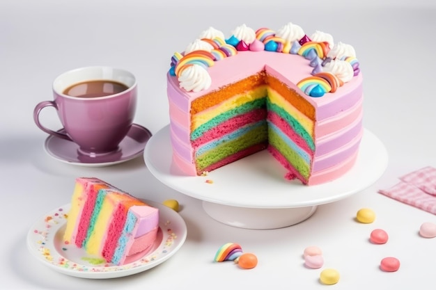 Délicieux et beau gâteau aux couleurs de l'arc-en-ciel servi avec du thé ou du café Generative AI