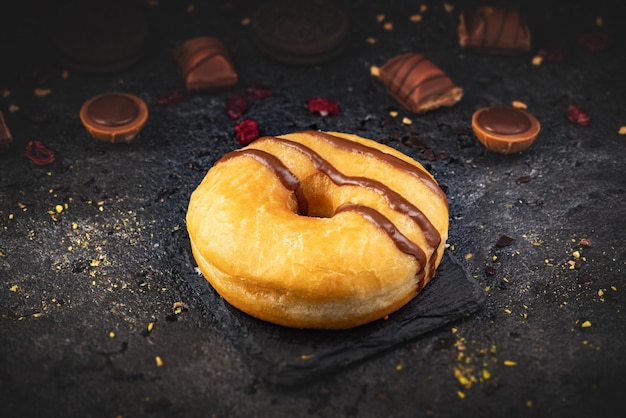 Délicieux beignet sur fond d'ardoise noire