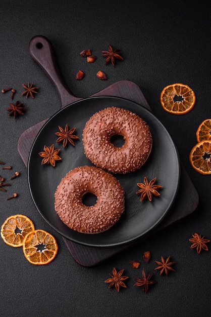 Délicieux beignet glacé au chocolat saupoudré de pépites de chocolat