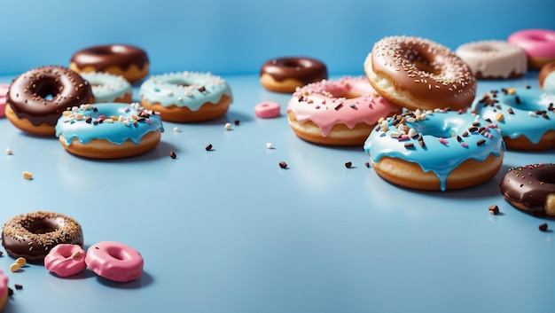 Délicieux beignets sur fond bleu toile de fond avec espace de copie