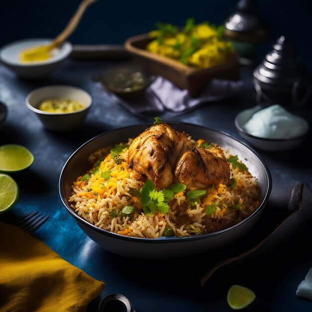 un délicieux biriyani de poulet accompagné